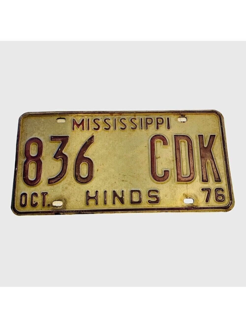 Old Antique Vintage Mississippi License Plate Car Tag 1976 Hinds County Mancave